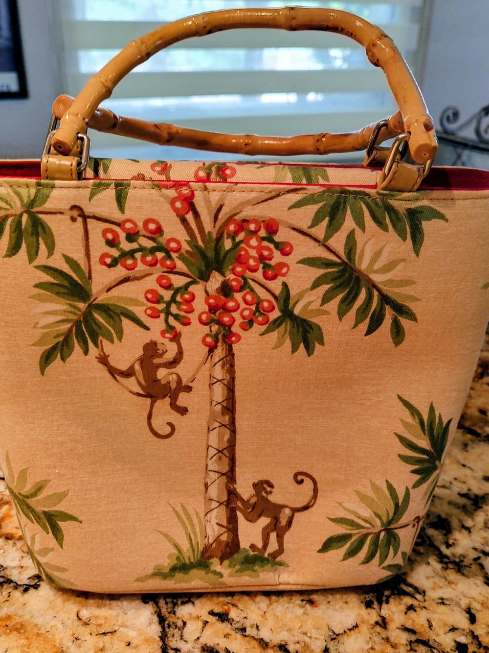 Vintage Tropical Print bag with monkeys and palms.